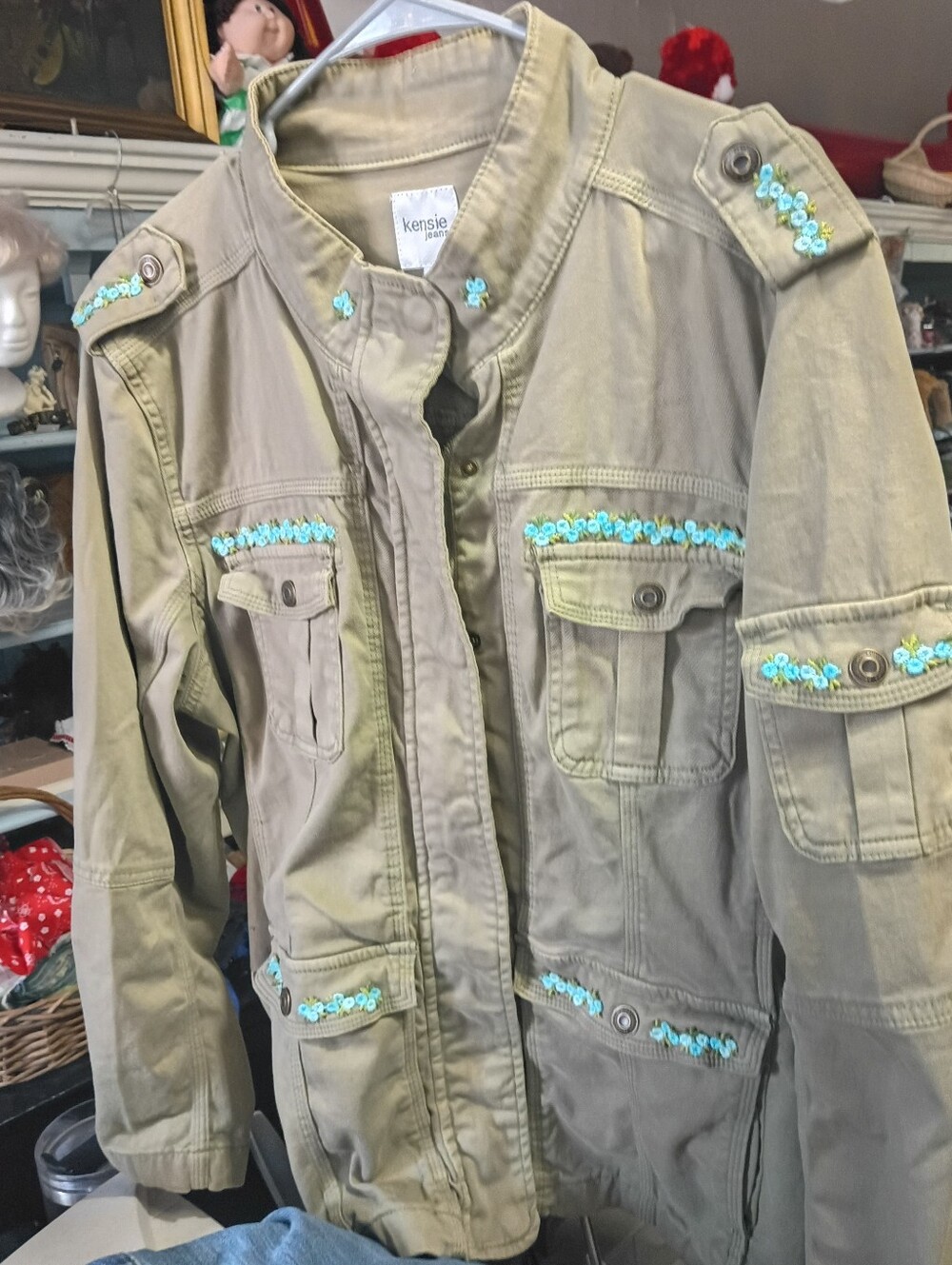 Upcycled One Of A Kind Tan Utility Jacket with Turquoise Embroidered Trim